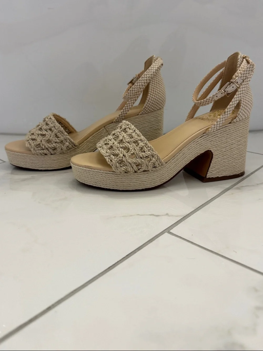 Vince Camuto Natural Woven Platform Ankle-Strap Wedges